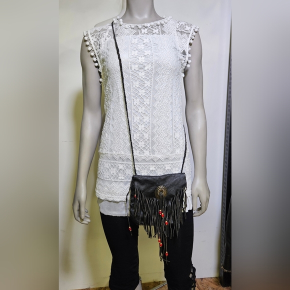 Vintage Soft Leather Fringe Crossbody Purse  w/ Beads - Picture 1 of 12